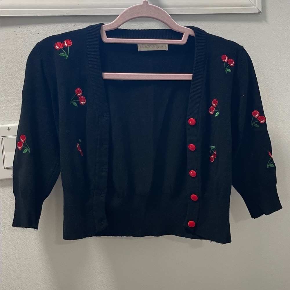 1950s Inspired Black Cardigan with Red Cherries